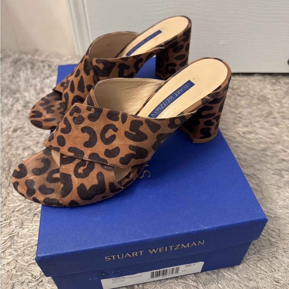 Stuart Weitzman Galene Cappuccino Cheetah Crisscross Slide Sandal